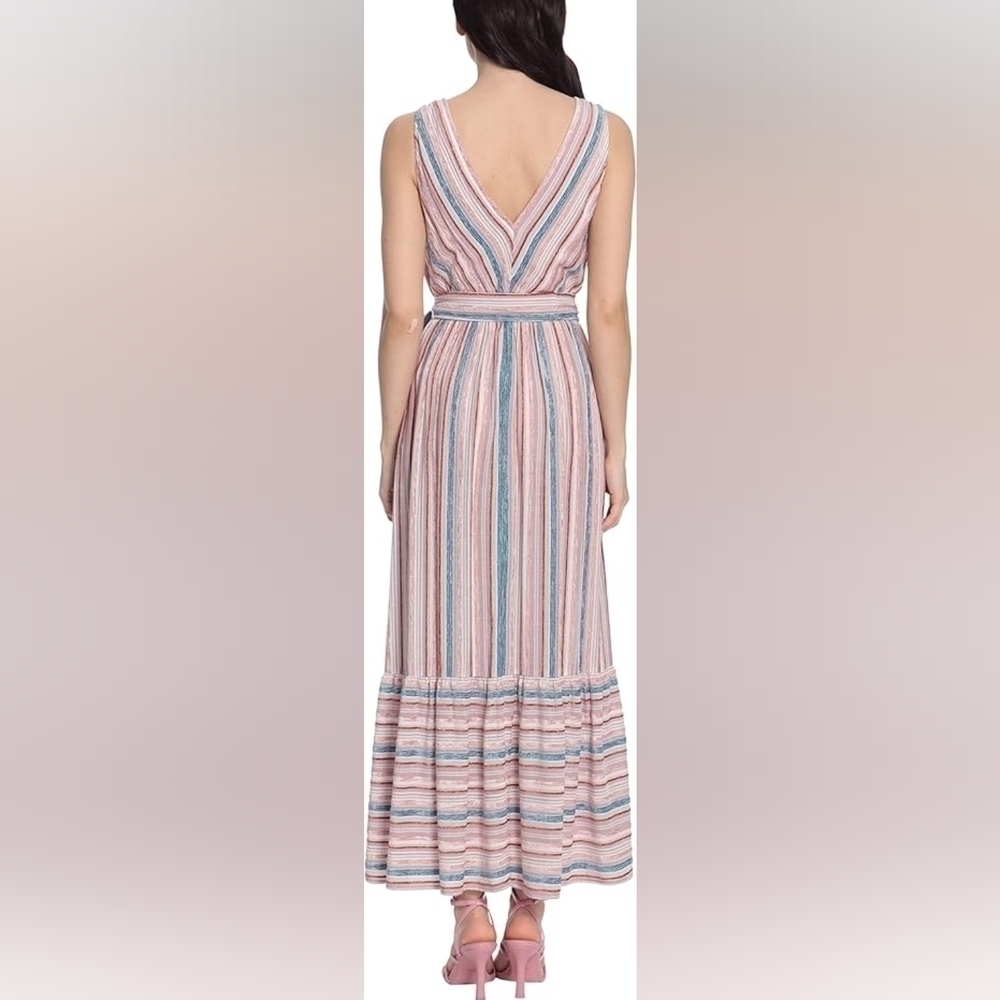Sleeveless Striped Tiered Wrap Style Belted Velvet Maxi Dress w Pockets 8 - Picture 7 of 13